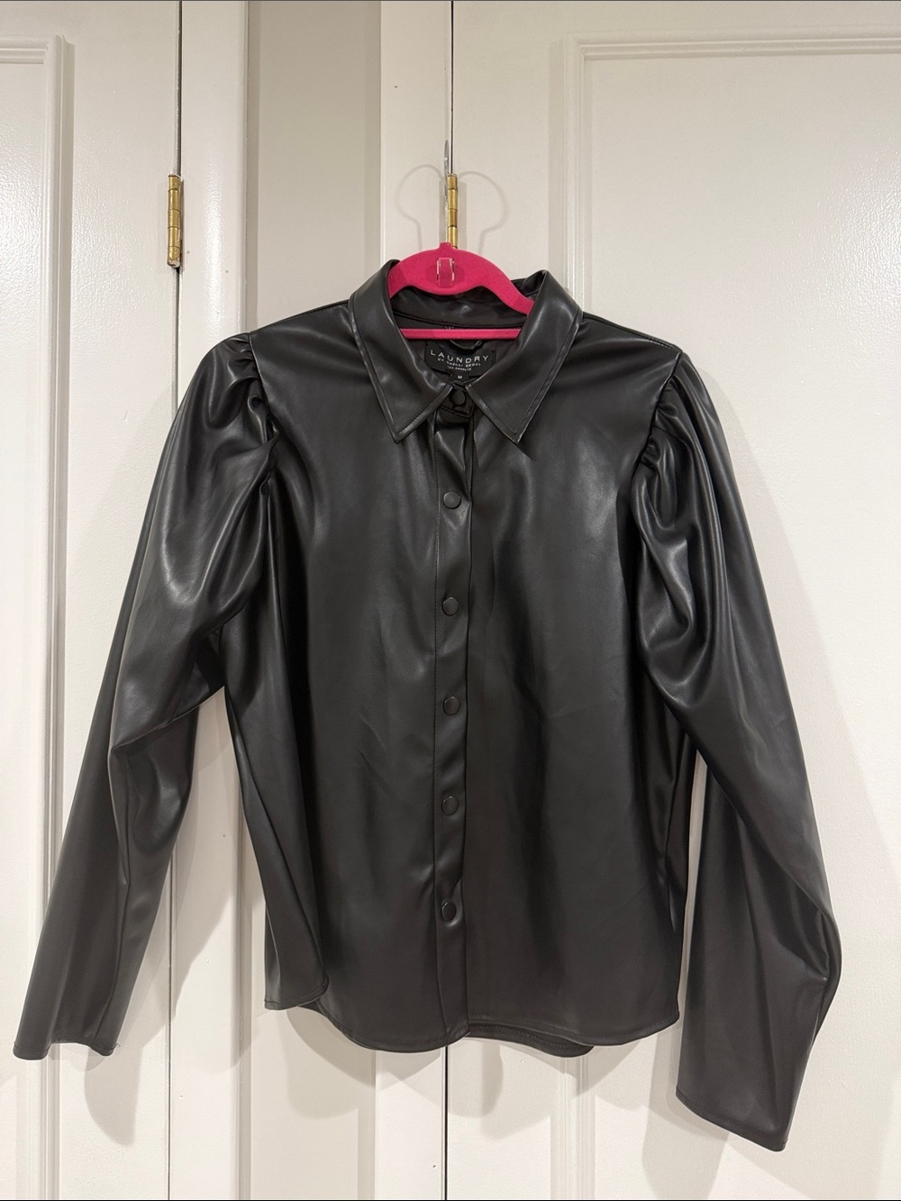 Laundry By Shelli Segal Black Faux Leather Puff-Sleeve Button Blouse